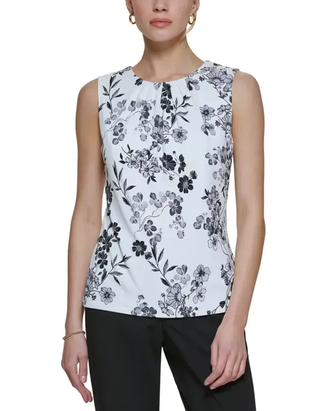 Printed Pleat-Neck Blouse, Regular and Petite Sizes - 1