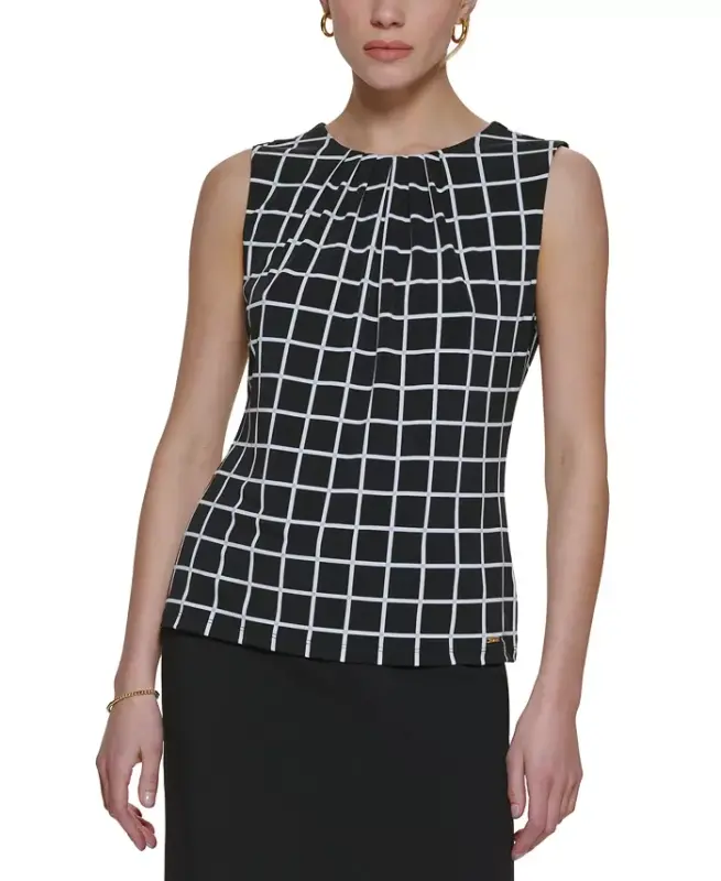 Printed Pleat-Neck Blouse, Regular and Petite Sizes - CALVIN KLEIN