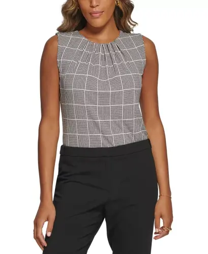 Printed Pleat-Neck Blouse, Regular and Petite Sizes-Black Cream 