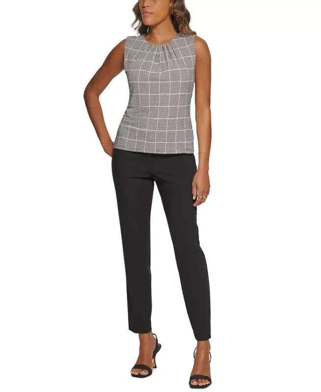 Printed Pleat-Neck Blouse, Regular and Petite Sizes-Black Cream - 4