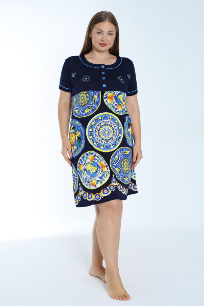 Printed plus size dress with pockets, stone embellishment and bias tape detail, short sleeves, cotton jersey - 2