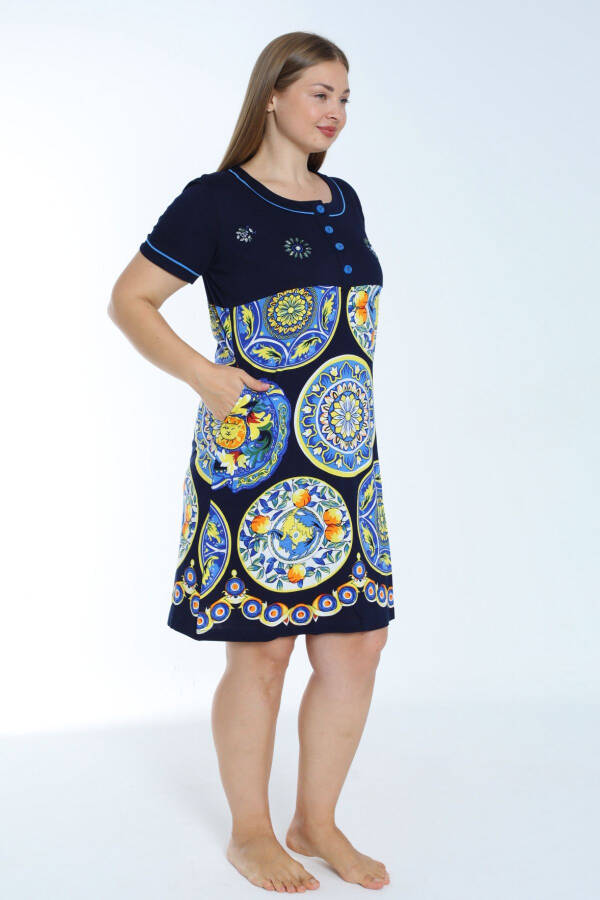 Printed plus size dress with pockets, stone embellishment and bias tape detail, short sleeves, cotton jersey - 3