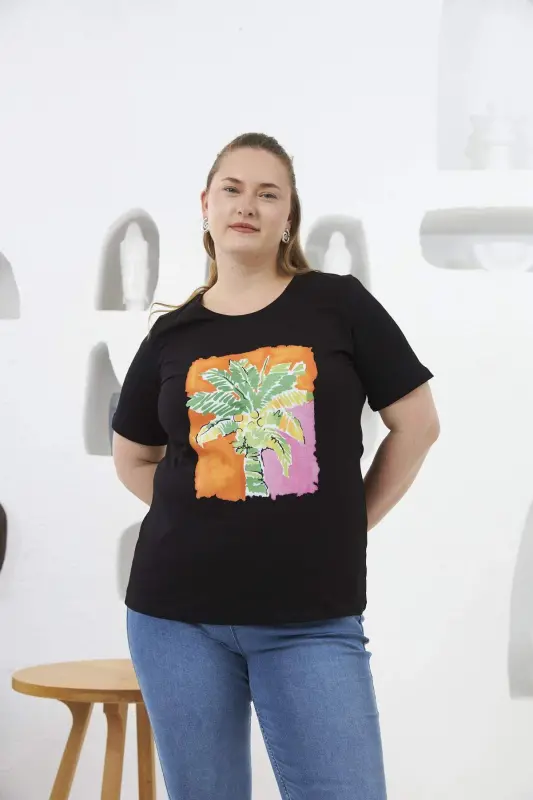 Printed Plus Size T-Shirt Black - BÜYÜKBEDENIZ