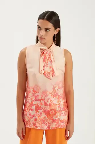 Printed Scarf Detail Blouse - Orange - SATEEN (1)
