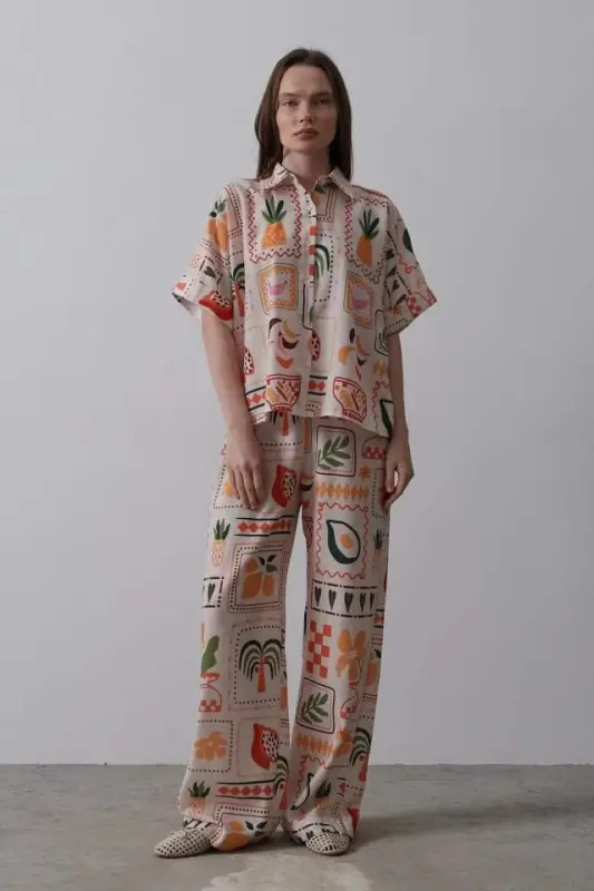 Printed Short Sleeve Pants Set - Stone-Orange - BÜYÜKBEDENIZ