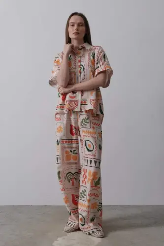 Printed Short Sleeve Pants Set - Stone-Orange - BÜYÜKBEDENIZ (1)