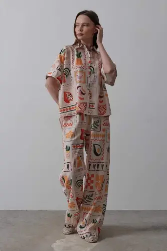 Printed Short Sleeve Pants Set - Stone-Orange - 4