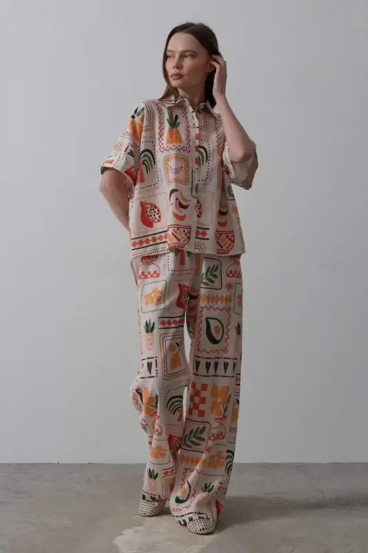 Printed Short Sleeve Pants Set - Stone-Orange - 4