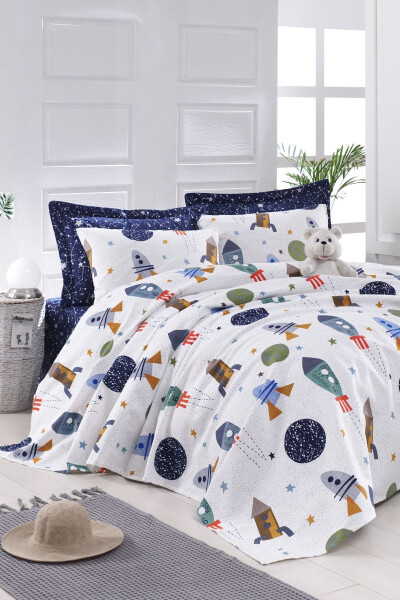 Printed Single-Person Spacex Navy Blue Duvet Set - 2