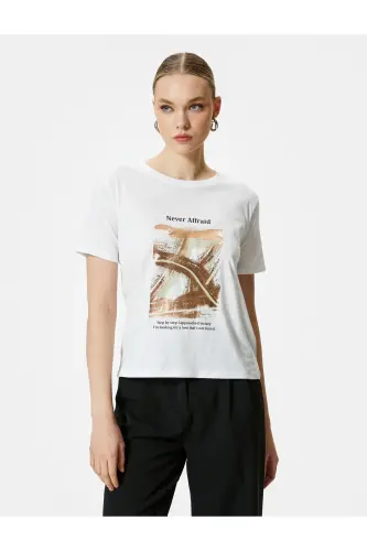 Printed T-shirt Crew Neck Short Sleeve Cotton - 3