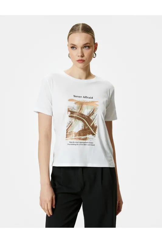 Printed T-shirt Crew Neck Short Sleeve Cotton - 3