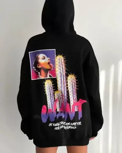 Printed Three-Thread Hooded Oversize Sweatshirt - Black - 2