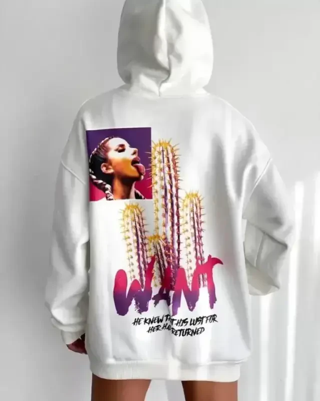 Printed Three-Thread Hooded Oversize Sweatshirt - White - 1