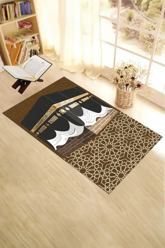 Printed Washable Kaaba Patterned Gift Prayer Rug Prayer Rug 70x130cm, SECCADE-47-BROWN,-BROWN - 2