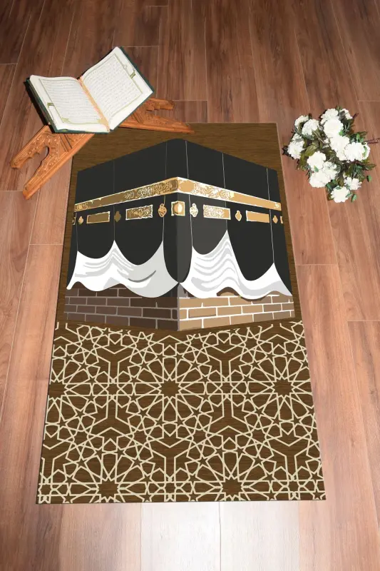 Printed Washable Kaaba Patterned Gift Prayer Rug Prayer Rug 70x130cm, SECCADE-47-BROWN,-BROWN - 8