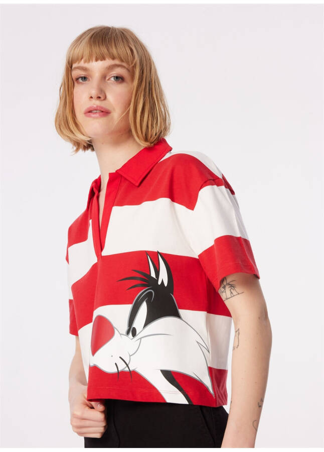 Printed women's T-shirt, blue polo collar, red. M1612491-85422-SYLVESTER - 7