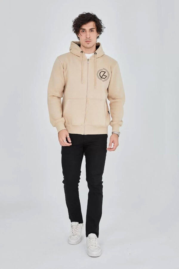 Printed zippered beige hooded sweatshirt - 1