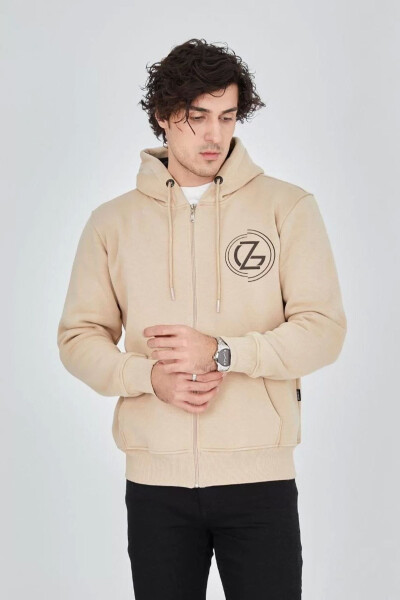 Printed zippered beige hooded sweatshirt - 3