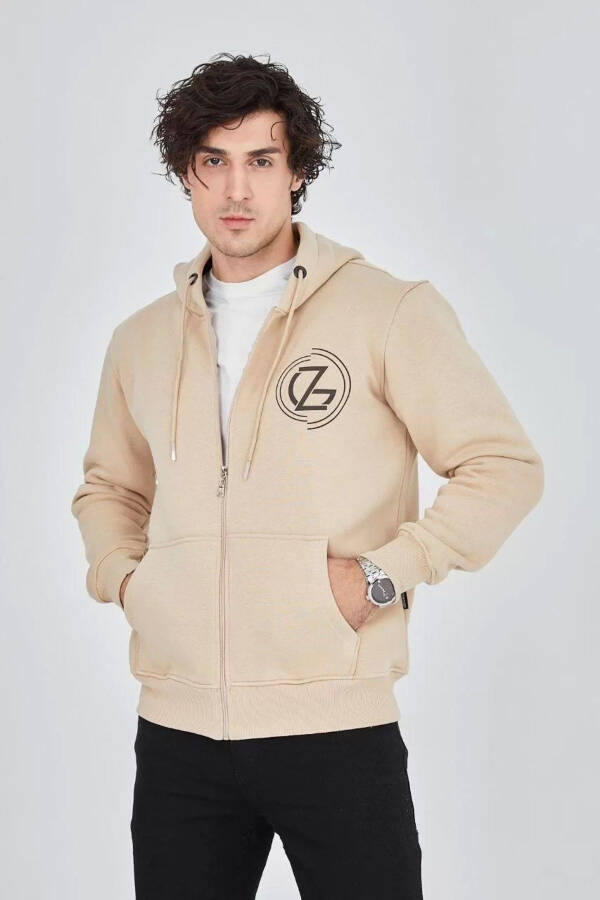 Printed zippered beige hooded sweatshirt - 4