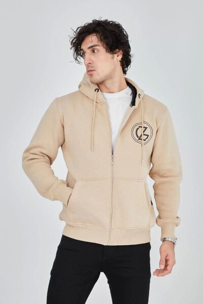 Printed zippered beige hooded sweatshirt - 5