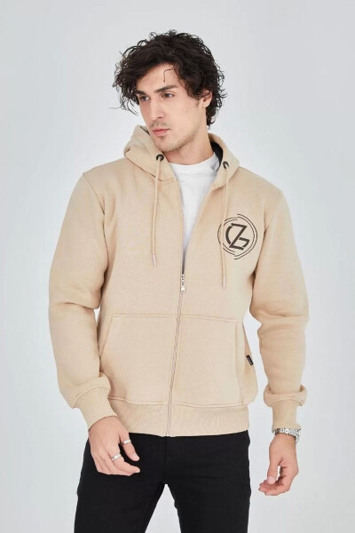 Printed zippered beige hooded sweatshirt - 6