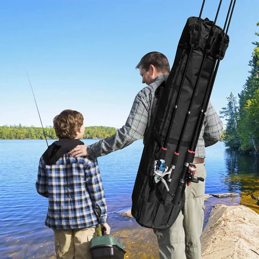 PRINxy Fishing Rod Carrier Fishing Reel Organizer Pole Storage Bag,Holds 5 Poles Travel Case Waterproof Lightweight Tackle Box Multifunctional Stand Fishing Bags Black-BLACK - 1