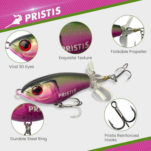 Pristis 3 pcs Topwater Fishing Lures with Propellers, Plopper Hard Baits with Floating Rotating Tail, Plopping Sputter Minnow Swimbait Set Kit for Saltwater Freshwater Bass Perch Pike Muskie - 2