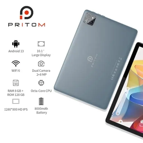 PRITOM TAB11 10'' Tablet Android, Octa-Core, 128GB, Wi-Fi 6, HD IPS Display, Dual Camera, Bluetooth, FM, USB C, Tablet with Case - 1