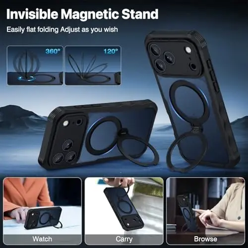 Privacy Case for iPhone 17 Pro Max Case with Stand, Compatible with MagSafe, Full-Body Phone Case with Built-in 9H Tempered Glass Privacy Screen Protector and 360° Rotating Magnetic Stand Ring -Black - 2