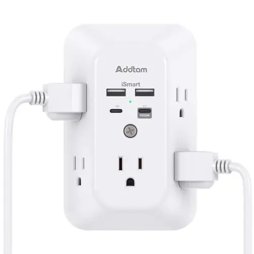 Outlet Extender Surge Protector - Addtam 5-Outlet Splitter with 4 USB Wall Charger(PD 30W), Multi Plug Wall Outlet Power Strip for Home, Dorm Room Essentials - ADDTAM