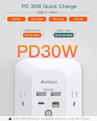 Outlet Extender Surge Protector - Addtam 5-Outlet Splitter with 4 USB Wall Charger(PD 30W), Multi Plug Wall Outlet Power Strip for Home, Dorm Room Essentials - 3