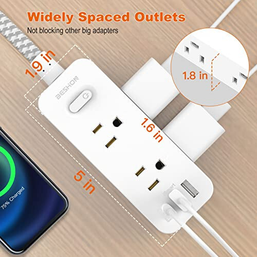 Priz Koruyucu, 5Ft Uzatma Kablosu, 6 Priz ve 3 USB Bağlantı Noktası (1 USB C Bağlantı Noktası), 3 Yönlü Priz Uzatma, Duvara Montajlı, Seyahat, Ev, Okul, Üniversite Yurdu ve Ofis İçin Kompakt - 6