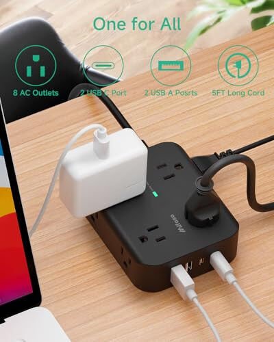 Power Strip Surge Protector - Flat Plug, Wall Mount, 8 Wide Outlets with 4 USB Ports (2 USB C), 5FT Heavy Duty Extension Cord with Multiple Outlets, Charging Station Overload Protection for Home Dorm - 5