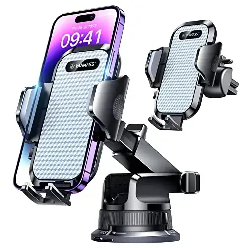 [Pro Version] VANMASS Universal Car Phone Mount [Super Suction Cup] Dashboard Phone Holder, Handsfree Windshield Dash Vent Phone Holder Car, Compatible for iPhone 17 16 15 14 Samsung LG & Truck,Silver - VANMASS