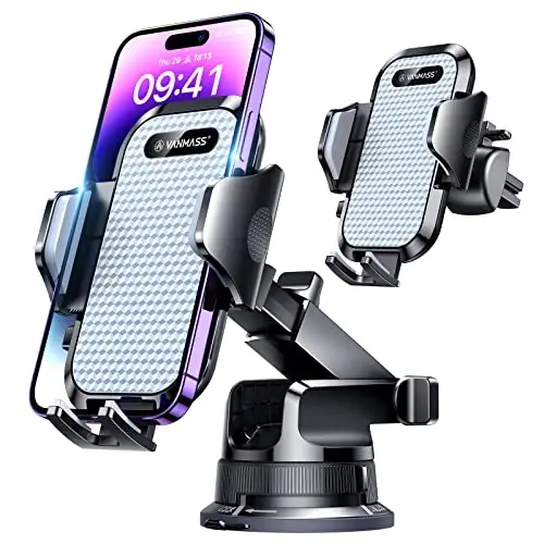 [Pro Version] VANMASS Universal Car Phone Mount [Super Suction Cup] Dashboard Phone Holder, Handsfree Windshield Dash Vent Phone Holder Car, Compatible for iPhone 17 16 15 14 Samsung LG & Truck,Silver - 1