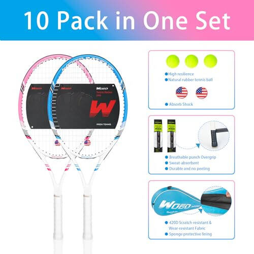 Pro Tennis Racket for Adults, 2 Player 27 inch Speed Tennis Racquet Acceptable for Beginner and Professional with 3 Tennis Balls, 2 Vibration Dampes, 2 Overgrips, Tennis Bag - 5