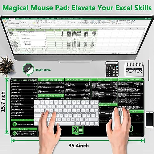 ProbTis Excel Kısayolları Mousepad, Geliştirilmiş Pro Sürümü, Geniş Ofis Masa Matı, Dikişli Kenarlar, Kaymaz Taban Klavye Matları, XXL Dev Fare Altlığı Masa İçin, 35.4”x15.7”, Yeni Öğretim Yılına Hazırlık - 2