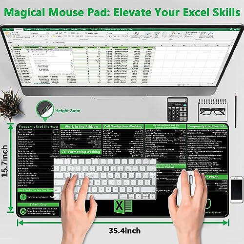 ProbTis Excel Shortcuts Mousepad, Upgraded Pro Version, Extended Office Desk Mat, Stitched Edges, Non-Slip Base Keyboard Mats, XXL Giant Mouse Pads for Desk, 35.4”x15.7”, Back to School - 2