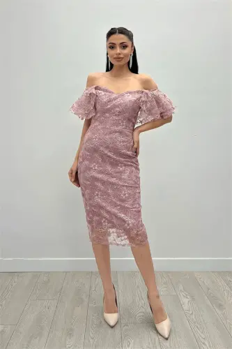 Processing Lace Fabric Boat Neck Pencil Dress - POWDER - 1