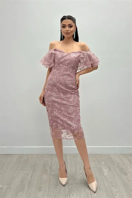 Processing Lace Fabric Boat Neck Pencil Dress - POWDER - BÜYÜKBEDENIZ
