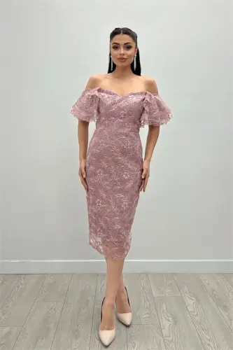 Processing Lace Fabric Boat Neck Pencil Dress - POWDER - BÜYÜKBEDENIZ (1)