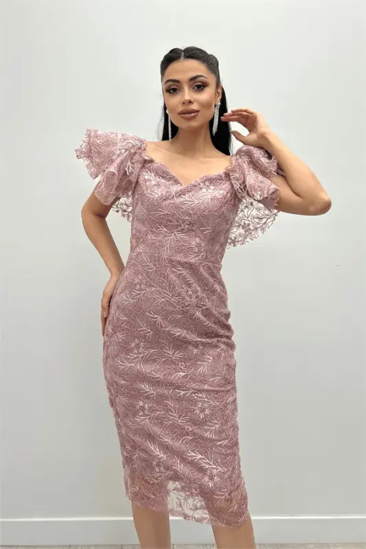 Processing Lace Fabric Boat Neck Pencil Dress - POWDER - 3