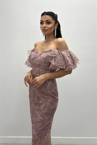 Processing Lace Fabric Boat Neck Pencil Dress - POWDER - 4