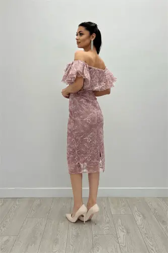 Processing Lace Fabric Boat Neck Pencil Dress - POWDER - 5