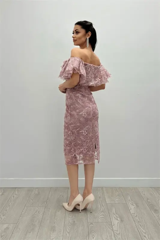 Processing Lace Fabric Boat Neck Pencil Dress - POWDER - 5