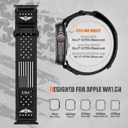 Прочные нейлоновые ремешки для Apple Watch Ultra 2 49 мм 46 мм 45 мм 44 мм 42 мм (S3/2/1) мужские, дышащий спортивный ремешок с флагом США для iWatch Ultra 3/2/1 Series 11 10 9 8 7 6 5 4 3 SE3/2/1 