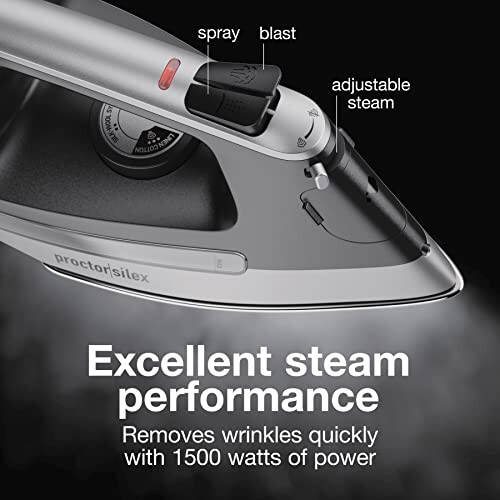 Proctor Silex Steam Iron for Clothes with Durable Stainless Steel Soleplate, 1500 Watts, 8’ Retractable Cord, 3-Way Auto Shutoff, Anti-Drip, Gray and Black (14250) - 4