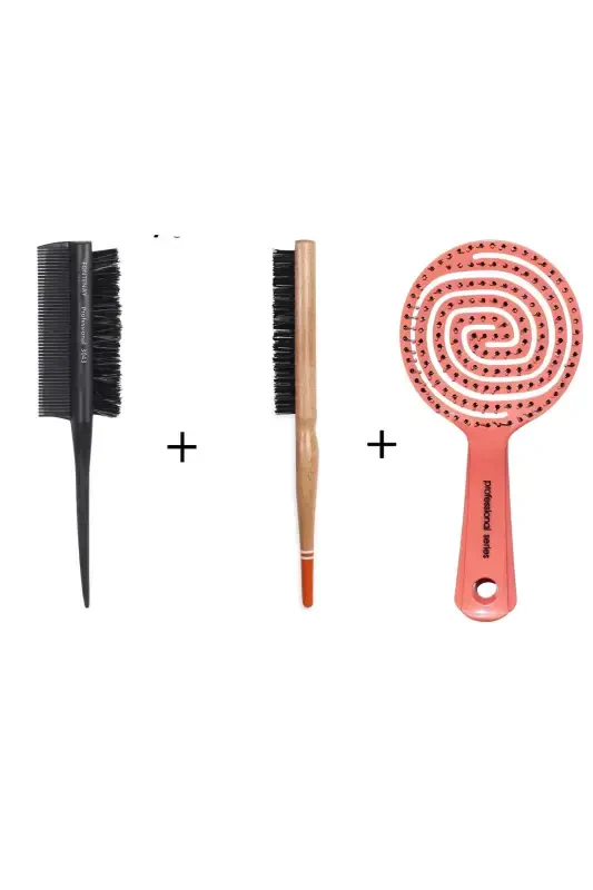 Professional 3D Hair Brush 3043 Crepe Bottle Comb 3in1 3033 Bun Brush Set of 3 - 1