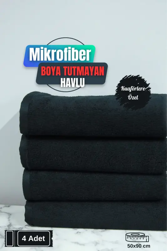 Professional Microfiber Hair Towel for Hairdressers, Dye-Resistant, 50x90 cm, Set of 4 - Black - DENIZLICOTTON