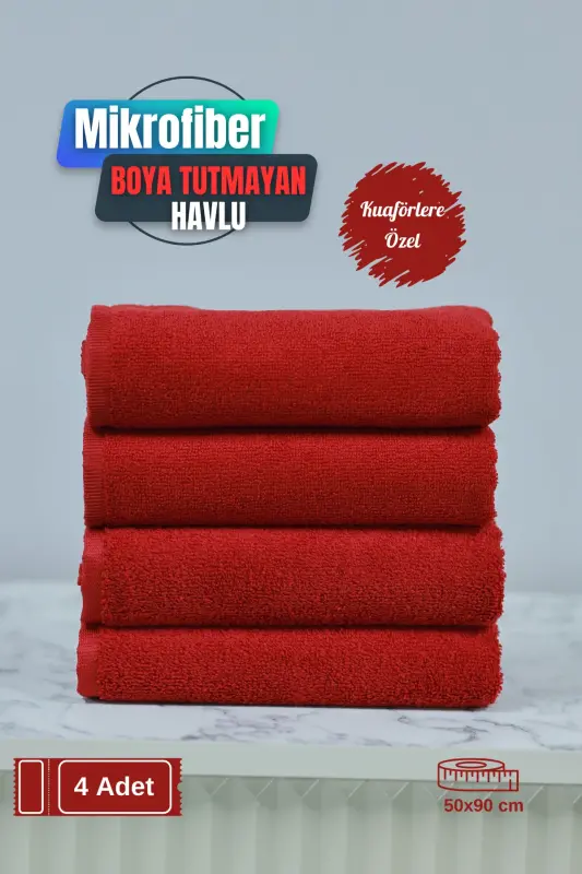 Professional Microfiber Hair Towel for Hairdressers, Dye-Resistant, 50x90 cm, Set of 4 - Red - DENIZLICOTTON